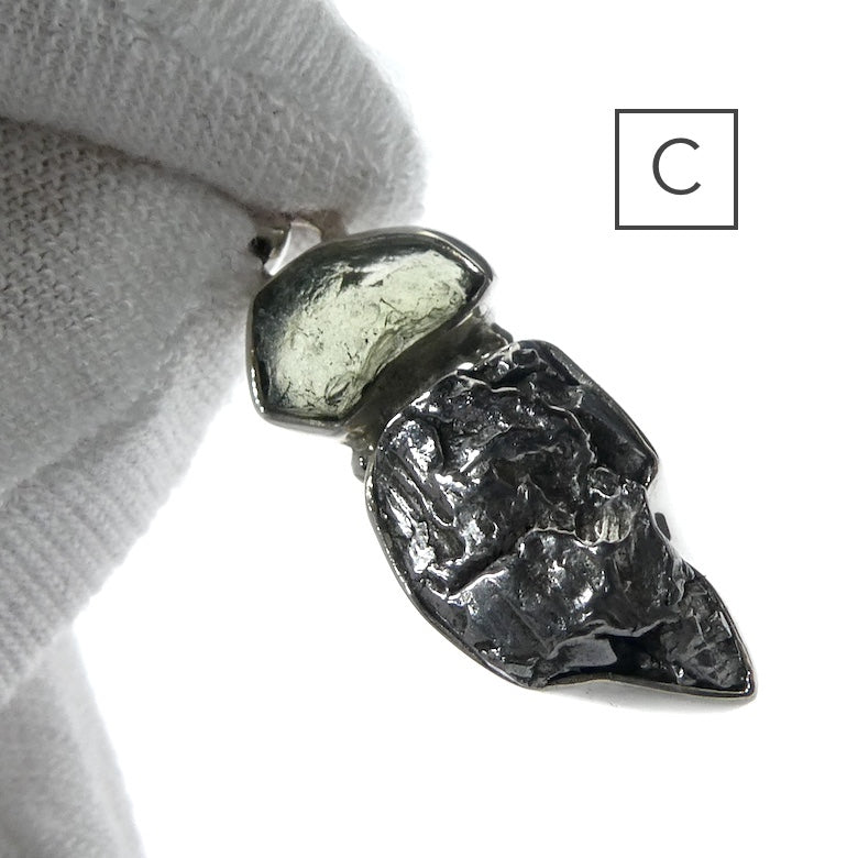 Moldavite over Nickel Iron Meteorite Pendant | Campo de Cielo | CZ | Natural Freeform Shapes | 925 Sterling Silver | Travel, Safety, Rugged Strength | Silent connected Meditation | Expansion | Inspiration | Genuine Gems from Crystal Heart Australia since 1986