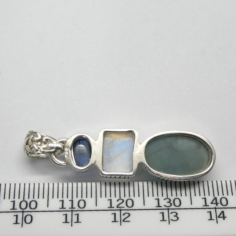 Natural Rainbow Moonstone Pendant with Aquamarine and Blue Kyanite | Emotional Freedom  and Power with Protection | Liberation and communication | Genuine Gems from Crystal Heart Melbourne Australia 1986