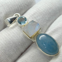 Load image into Gallery viewer, Natural Rainbow Moonstone Pendant with Aquamarine and Blue Topaz | Emotional Freedom  and Power with Refreshing Joy | Liberation and communication | Genuine Gems from Crystal Heart Melbourne Australia 1986