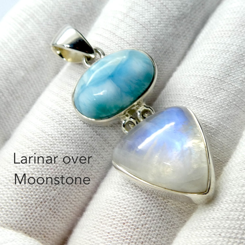 Larimar and Moonstone Pendant | Rainbow | 925 Sterling Silver | Dominican Republic Caribbean |  Pectolite Variety | Dominican Republic | Emotional centering and Freedom | Genuine Gems from Crystal Heart Melbourne Australia since 1986