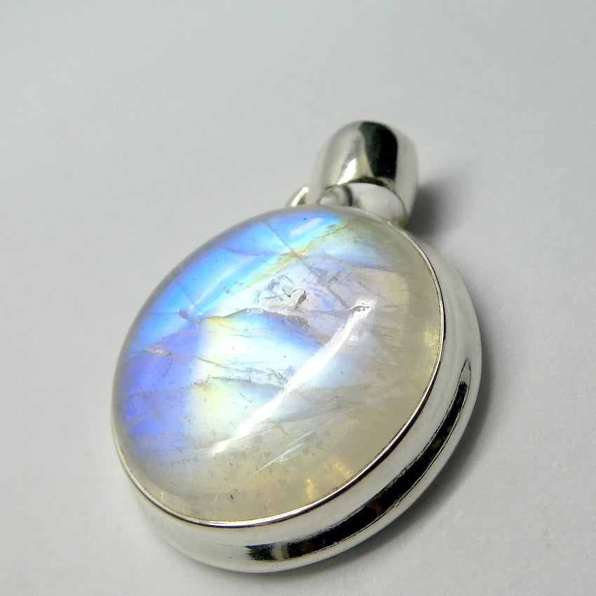 Natural Rainbow Moonstone Pendant | Large Round Cabochon | 925 Sterling Silver | Strong Blue Flash | Emotional Liberation | Genuine Gems from Crystal Heart Melbourne Australia 1986