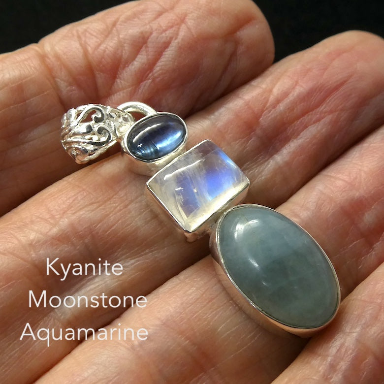 Natural Rainbow Moonstone Pendant with Aquamarine and Blue Kyanite | Emotional Freedom  and Power with Protection | Liberation and communication | Genuine Gems from Crystal Heart Melbourne Australia 1986