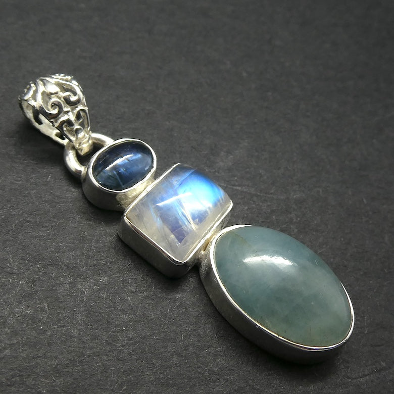 Natural Rainbow Moonstone Pendant with Aquamarine and Blue Kyanite | Emotional Freedom  and Power with Protection | Liberation and communication | Genuine Gems from Crystal Heart Melbourne Australia 1986