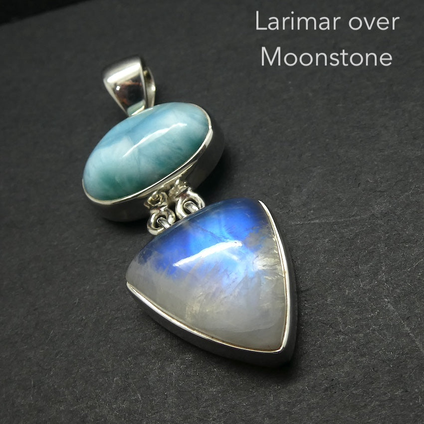 Larimar and Moonstone Pendant | Rainbow | 925 Sterling Silver | Dominican Republic Caribbean |  Pectolite Variety | Dominican Republic | Emotional centering and Freedom | Genuine Gems from Crystal Heart Melbourne Australia since 1986