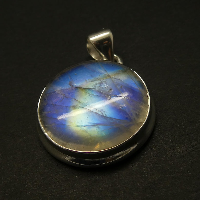 Natural Rainbow Moonstone Pendant | Large Round Cabochon | 925 Sterling Silver | Strong Blue Flash | Emotional Liberation | Genuine Gems from Crystal Heart Melbourne Australia 1986