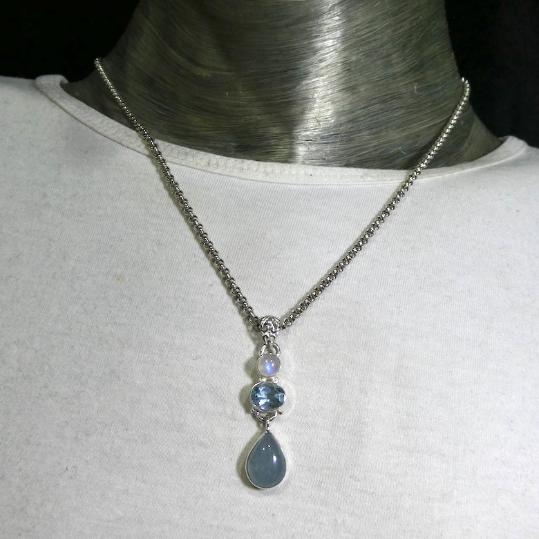 Natural Rainbow Moonstone Pendant with Aquamarine and Blue Topaz | Emotional Freedom  and Power with Refreshing Joy | Liberation and communication | Genuine Gems from Crystal Heart Melbourne Australia 1986