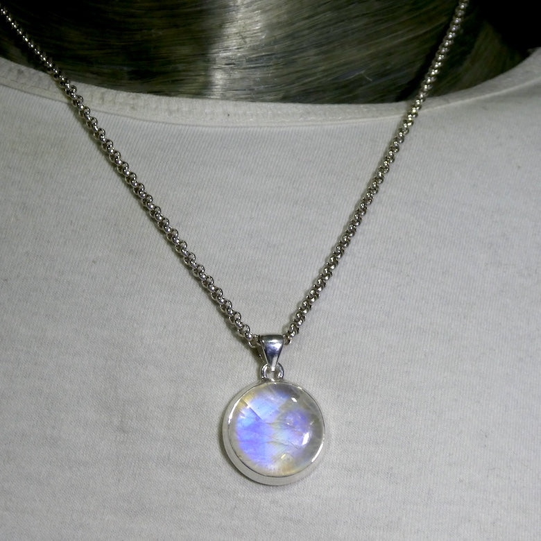 Natural Rainbow Moonstone Pendant | Large Round Cabochon | 925 Sterling Silver | Strong Blue Flash | Emotional Liberation | Genuine Gems from Crystal Heart Melbourne Australia 1986