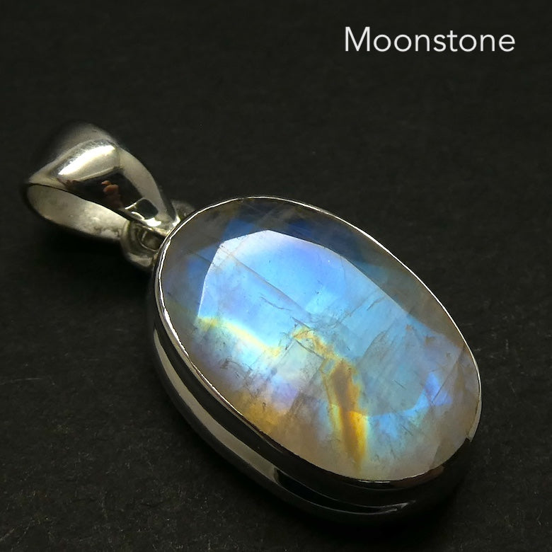 Natural Rainbow Moonstone Pendant | Blue Flash with Golden Pathway | Faceted Oval | 925 Sterling Silver | Stepped Bezel Setting | Open Back | Blue Gold Flashes | Cancer Libra Scorpio Stone | Genuine Gems from Crystal Heart Melbourne Australia 1986