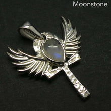 Load image into Gallery viewer, Natural Rainbow Moonstone Pendant | Winged Cross | Ankh | 925 Sterling Silver |  Cancer Libra Scorpio Stone | Genuine Gems from Crystal Heart Melbourne Australia 1986