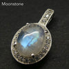 Natural Rainbow Moonstone Pendant | Blue Flash | Oval  Canochon | Sparkling CZ accents around edge | 925 Sterling Silver | Stepped Bezel Setting | Open Back | Blue Gold Flashes | Cancer Libra Scorpio Stone | Genuine Gems from Crystal Heart Melbourne Australia 1986