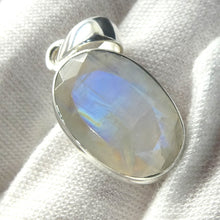 Load image into Gallery viewer, Natural Rainbow Moonstone Pendant | Blue Flash with Golden Pathway | Faceted Oval | 925 Sterling Silver | Stepped Bezel Setting | Open Back | Blue Gold Flashes | Cancer Libra Scorpio Stone | Genuine Gems from Crystal Heart Melbourne Australia 1986