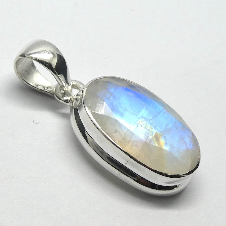 Natural Rainbow Moonstone Pendant | Blue Flash with Golden Pathway | Faceted Oval | 925 Sterling Silver | Stepped Bezel Setting | Open Back | Blue Gold Flashes | Cancer Libra Scorpio Stone | Genuine Gems from Crystal Heart Melbourne Australia 1986