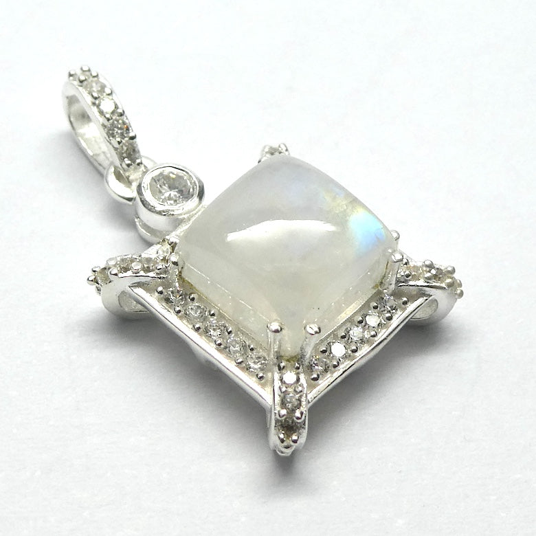 Natural Rainbow Moonstone Pendant | Blue Flash | Square Cabochon | Sparkling CZ accents around edge | 925 Sterling Silver | Open Back | Blue Flash | Cancer Libra Scorpio Stone | Genuine Gems from Crystal Heart Melbourne Australia 1986