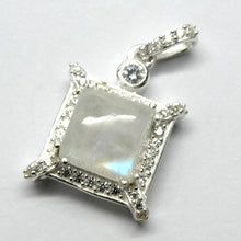 Load image into Gallery viewer, Natural Rainbow Moonstone Pendant | Blue Flash | Square Cabochon | Sparkling CZ accents around edge | 925 Sterling Silver | Open Back | Blue Flash | Cancer Libra Scorpio Stone | Genuine Gems from Crystal Heart Melbourne Australia 1986