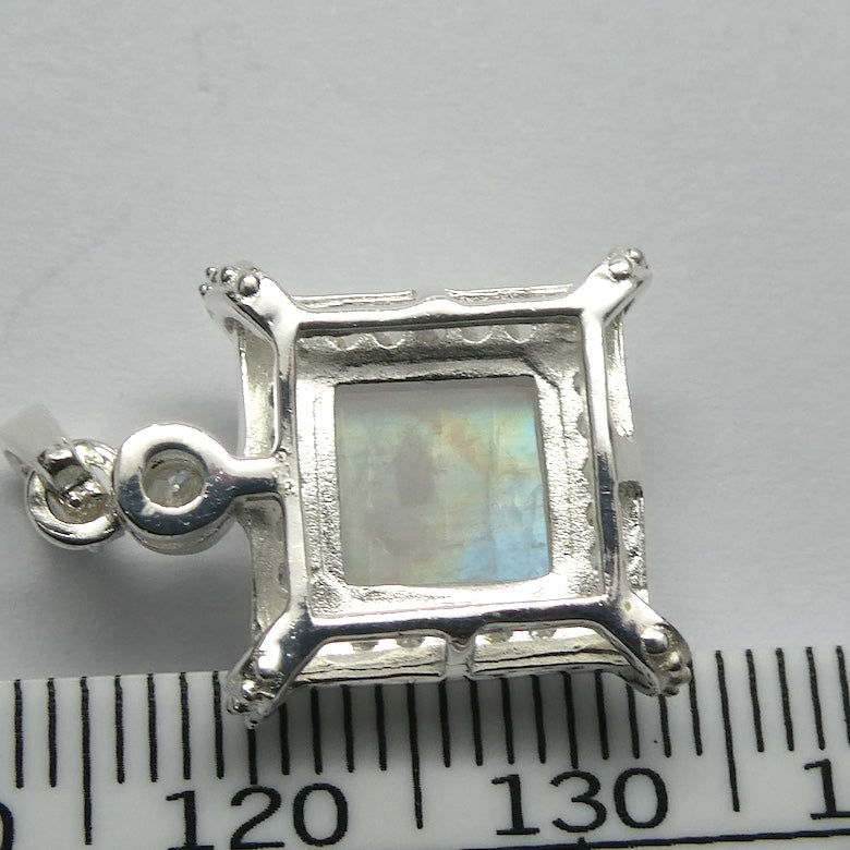 Natural Rainbow Moonstone Pendant | Blue Flash | Square Cabochon | Sparkling CZ accents around edge | 925 Sterling Silver | Open Back | Blue Flash | Cancer Libra Scorpio Stone | Genuine Gems from Crystal Heart Melbourne Australia 1986