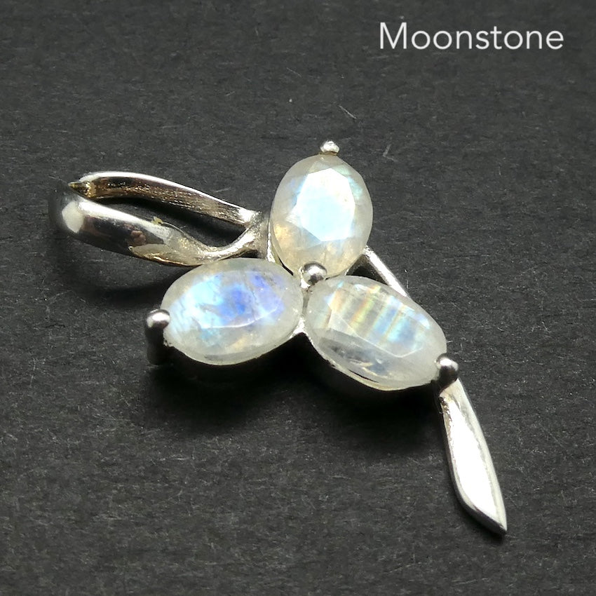 Natural Rainbow Moonstone Pendant | Blue Flash |  Three Faceted  ovals | 925 Sterling Silver | Claw Set | Open Back | Cancer Libra Scorpio Stone | Genuine Gems from Crystal Heart Melbourne Australia 1986