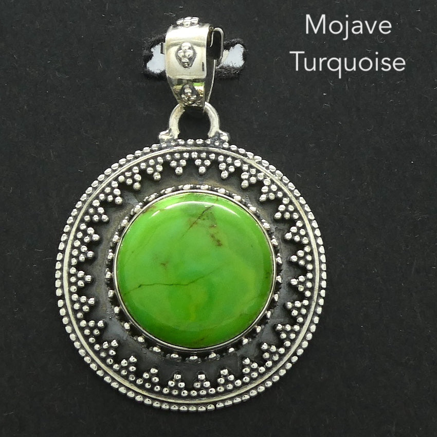 Mojave Green Turquoise Pendant | 925 Sterling Silver | Ethnic Detail | Round Cabochon | Inspire breath and energy | Lighten a negative load | Genuine Gems from Crystal Heart Melbourne since 1986