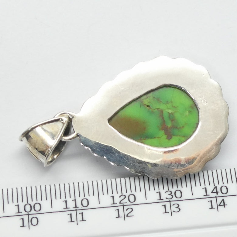 Mojave Green Turquoise Pendant | 925 Sterling Silver | Ethnic Detail | Teardrop Cabochon | Inspire breath and energy | Lighten a negative load | Genuine Gems from Crystal Heart Melbourne since 1986