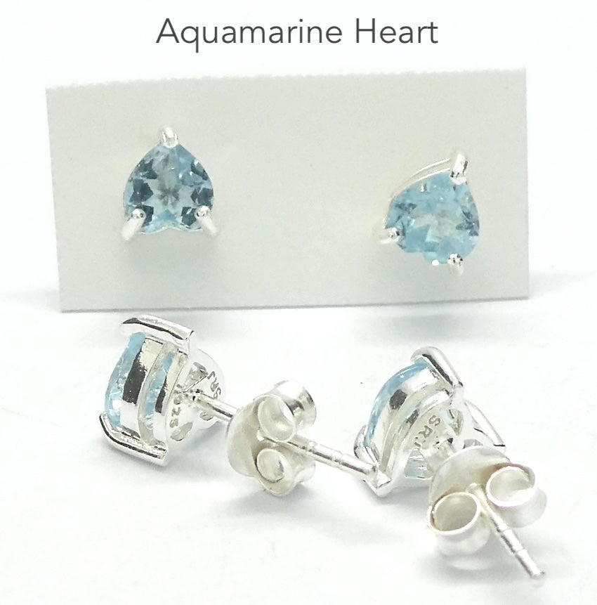 Aquamarine Stud Earrings | Faceted Hearts | Bright 925 Sterling Silver Claw Setting | Emotional uplifts calm and strength | Genuine Gemstones from Crystal Heart Melbourne Australia since 1986