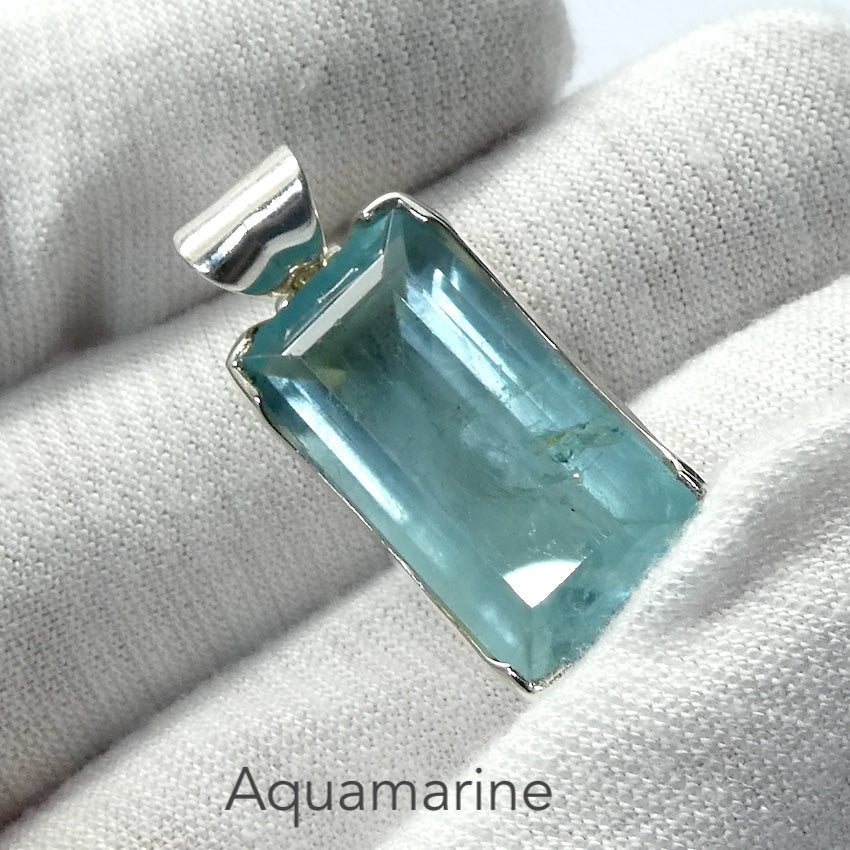 Aquamarine Gemstone Pendant | Faceted Oblong Emerald Cut | Lovely deeper blue green | 925 Sterling Silver | Bezel Set | Open Back | Peaceful emotional guidance and integration | Flow through obstacles | Genuine Gemstones from Crystal Heart Melbourne Australia since 1986