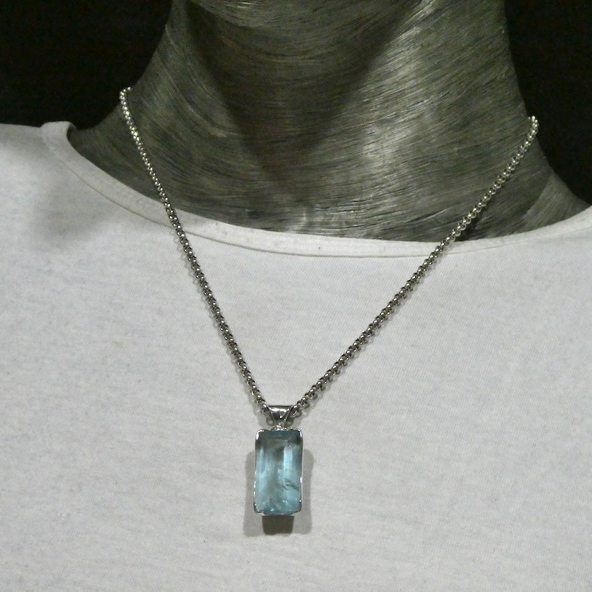 Aquamarine Gemstone Pendant | Faceted Oblong Emerald Cut | Lovely deeper blue green | 925 Sterling Silver | Bezel Set | Open Back | Peaceful emotional guidance and integration | Flow through obstacles | Genuine Gemstones from Crystal Heart Melbourne Australia since 1986