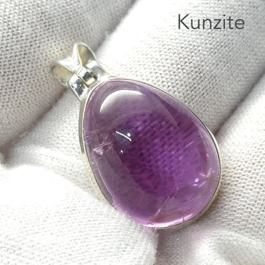 Kunzite Pendant | Teardrop Cabochon | Good colour Translucency | 925 Sterling Silver | Bezel Set | Wisdom of the Heart | Taurus Scorpio Leo | Genuine Gems from Crystal heart Melbourne Australia since 1986  