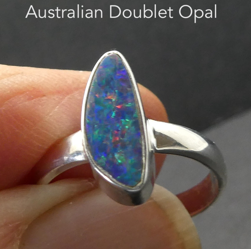 Opal Doublet Ring | 925 Sterling Silver | Freeform Stone | US Size 5 |  AUS J 1/2 | Green and Red Flash | Genuine Gems from Crystal Heart Melbourne Australia since 1986