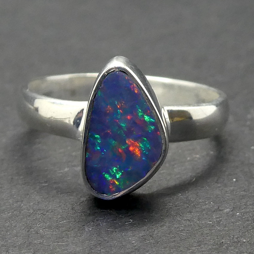 Opal Doublet Ring | 925 Sterling Silver | Freeform Stone | US Size 5 |  AUS J 1/2 | Green and Red Flash | Genuine Gems from Crystal Heart Melbourne Australia since 1986