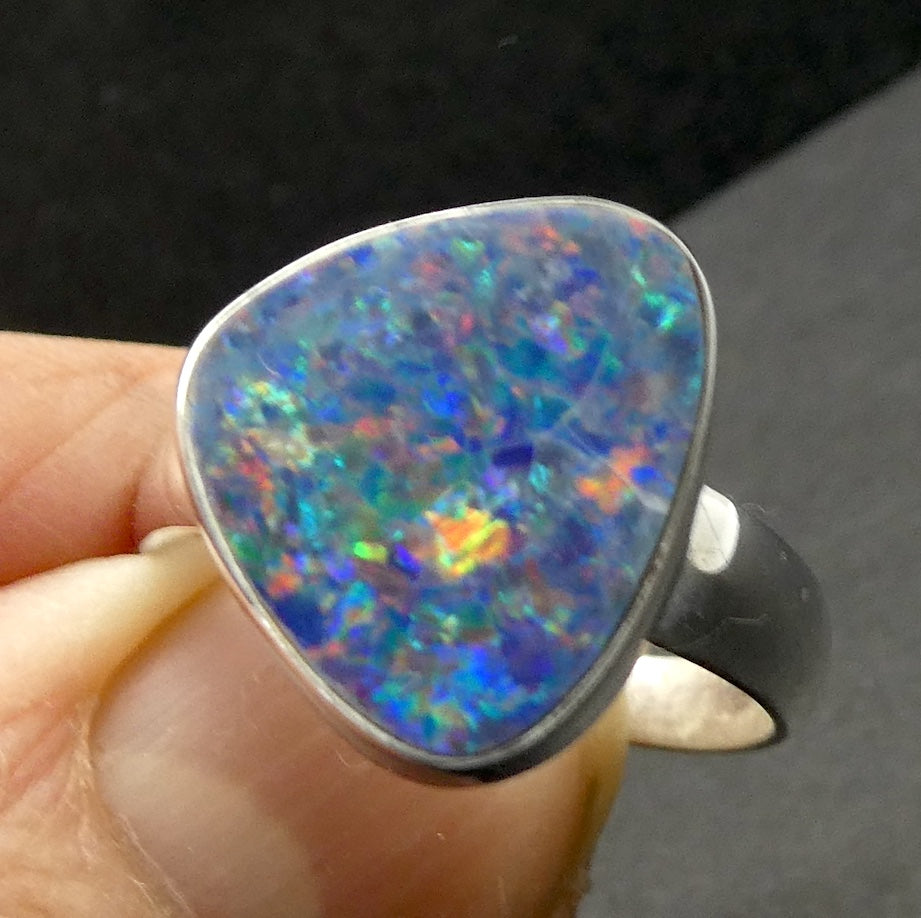 Opal Doublet Ring | 925 Sterling Silver | Freeform Stone | US Size 7.5 |  AUS O1/2 | Green and Red Flash | Genuine Gems from Crystal Heart Melbourne Australia since 1986