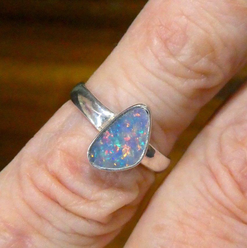 Opal Doublet Ring | 925 Sterling Silver | Freeform Stone | US Size 5 |  AUS J 1/2 | Green and Red Flash | Genuine Gems from Crystal Heart Melbourne Australia since 1986