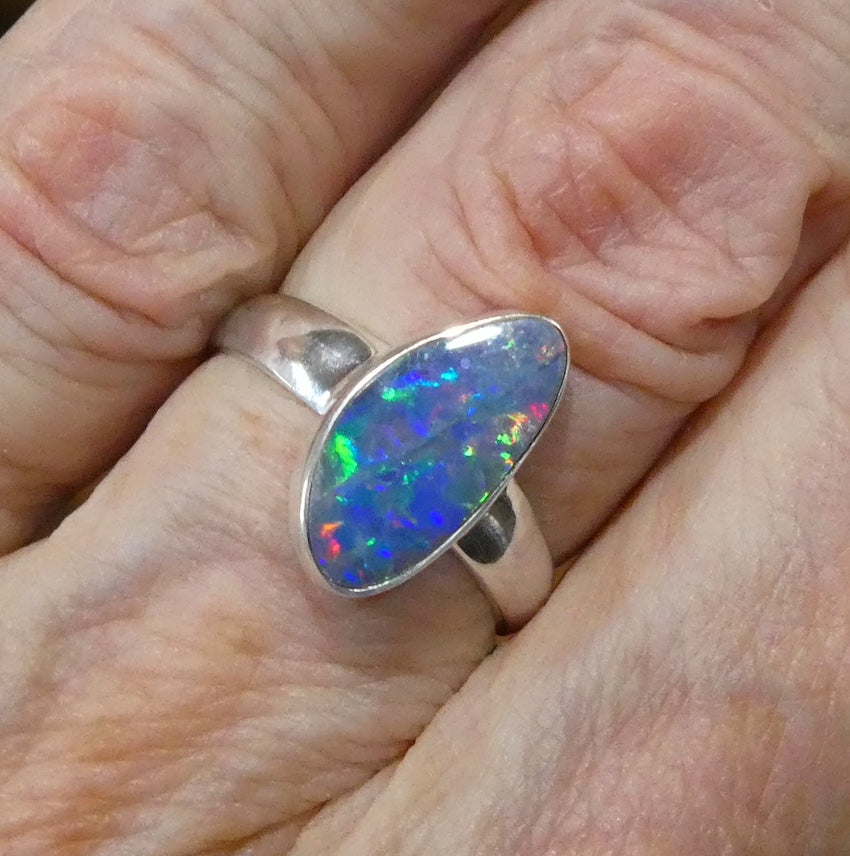 Opal Doublet Ring | 925 Sterling Silver | Freeform Stone | US Size 7.5 |  AUS O1/2 | Green and Red Flash | Genuine Gems from Crystal Heart Melbourne Australia since 1986