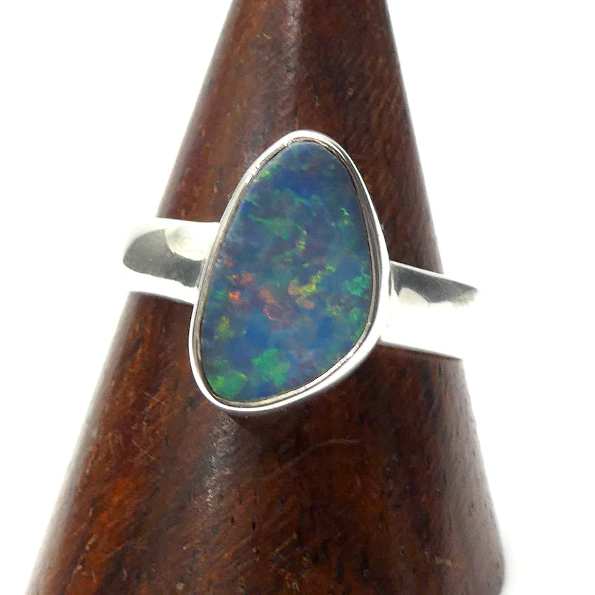 Opal Doublet Ring | 925 Sterling Silver | Freeform Stone | US Size 5 |  AUS J 1/2 | Green and Red Flash | Genuine Gems from Crystal Heart Melbourne Australia since 1986