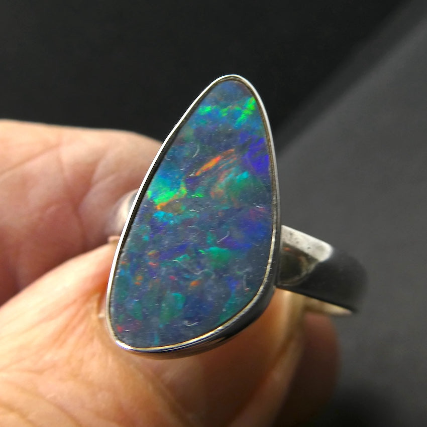 Opal Doublet Ring | 925 Sterling Silver | Freeform Stone | US Size adjustable 9 to 10| Green and Red Flash | Genuine Gems from Crystal Heart Melbourne Australia since 1986