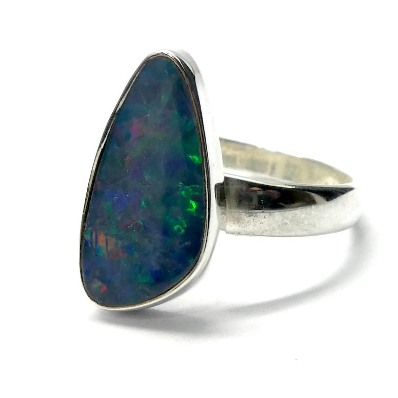 Opal Doublet Ring | 925 Sterling Silver | Freeform Stone | US Size adjustable 9 to 10| Green and Red Flash | Genuine Gems from Crystal Heart Melbourne Australia since 1986