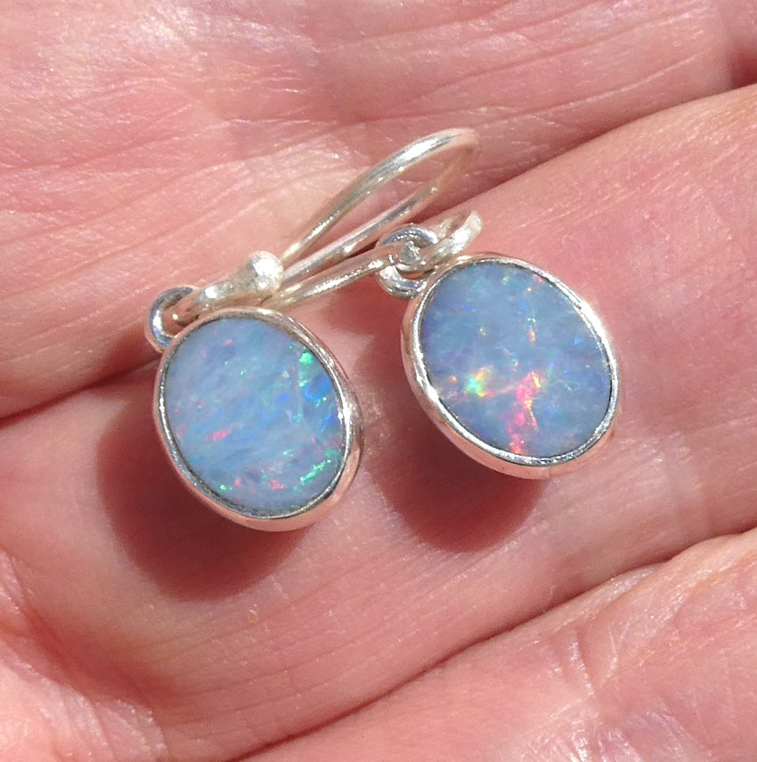 Opal Doublet Earrings | 925 Sterling Silver | Ovals | Green and Red Flash | Genuine Gems from Crystal Heart Melbourne Australia since 1986