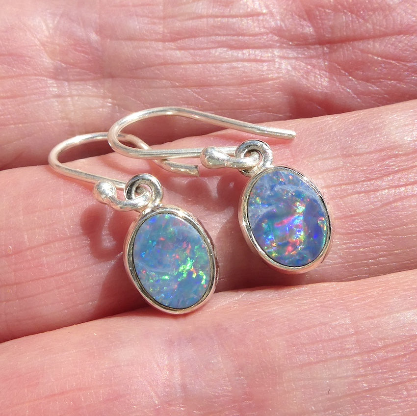 Opal Doublet Earrings | 925 Sterling Silver | Ovals | Green and Red Flash | Genuine Gems from Crystal Heart Melbourne Australia since 1986