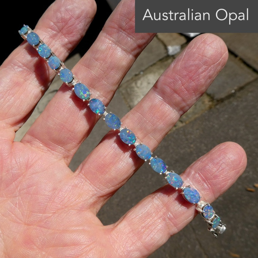 Opal Doublet Bracelet | 21 Ovals | 925 Sterling Silver | Green Red Blue Flashes | Genuine Gems from Crystal Heart Melbourne Australia since 1986