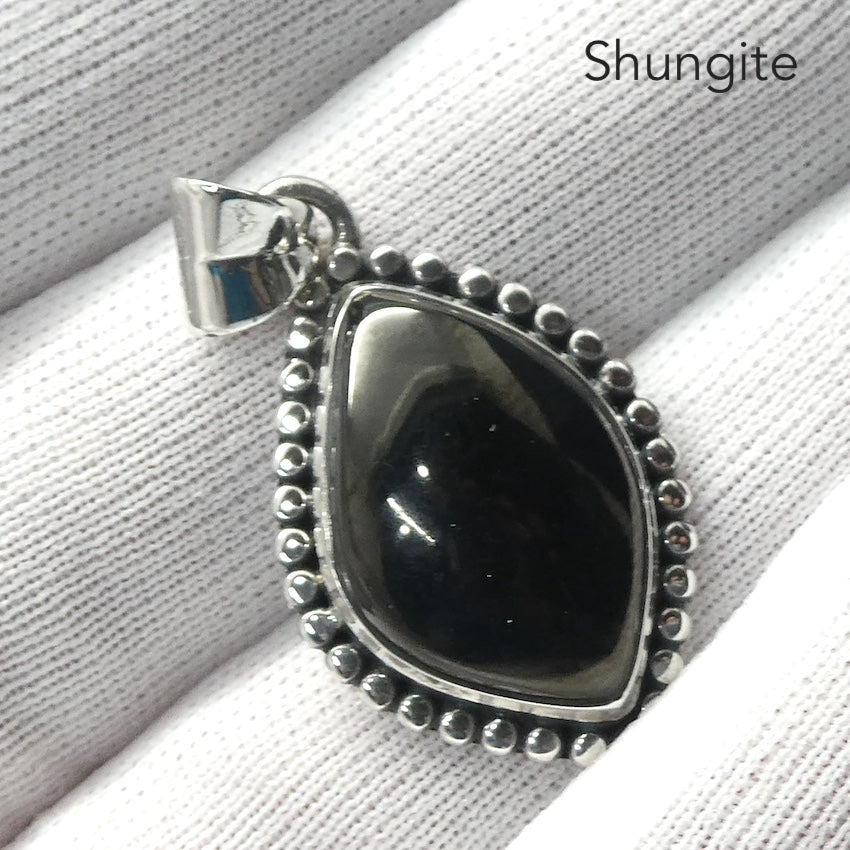 Noble Shungite Pendant | 925 Sterling Silver | Freeform Cabochon | Fancy Bezel Setting | Fullerenes and Buckyballs | Purify Water | Channel Calm Healing Universal Energy | Protect from EMFs | Genuine Gems from Crystal Heart Melbourne Australia since 1986