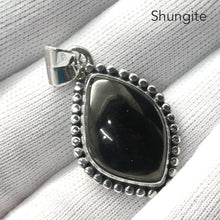 Load image into Gallery viewer, Noble Shungite Pendant | 925 Sterling Silver | Freeform Cabochon | Fancy Bezel Setting | Fullerenes and Buckyballs | Purify Water | Channel Calm Healing Universal Energy | Protect from EMFs | Genuine Gems from Crystal Heart Melbourne Australia since 1986