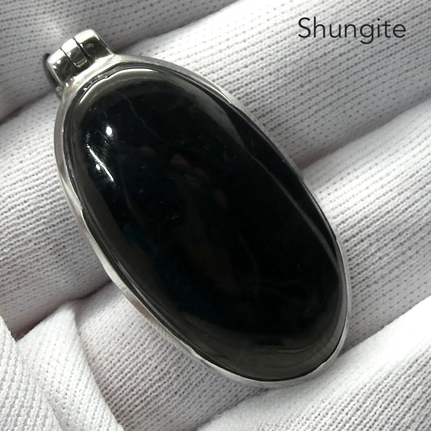 Noble Shungite Pendant | 925 Sterling Silver | Large Oval Cabochon | Fancy Bezel Setting | Fullerenes and Buckyballs | Purify Water | Channel Calm Healing Universal Energy | Protect from EMFs | Genuine Gems from Crystal Heart Melbourne Australia since 1986