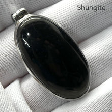 Load image into Gallery viewer, Noble Shungite Pendant | 925 Sterling Silver | Large Oval Cabochon | Fancy Bezel Setting | Fullerenes and Buckyballs | Purify Water | Channel Calm Healing Universal Energy | Protect from EMFs | Genuine Gems from Crystal Heart Melbourne Australia since 1986