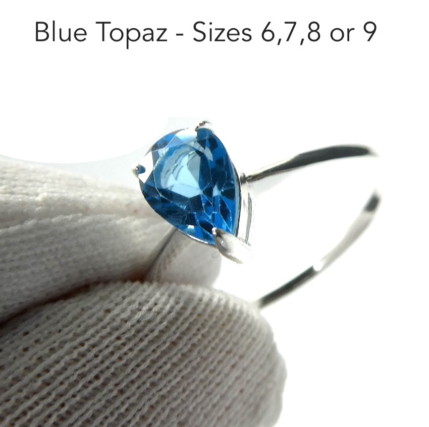 Swiss Blue Topaz Ring, Dainty Faceted Teardrop, 925 Sterling Silver