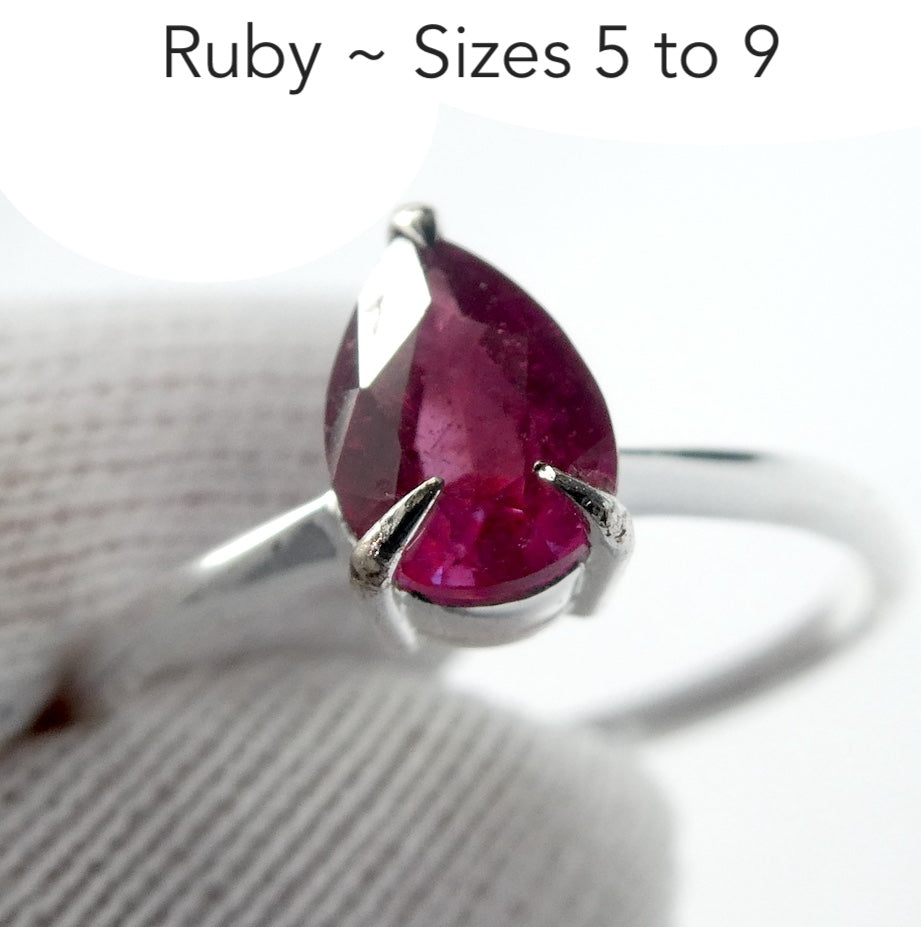 Ruby Ring | Dainty Faceted Teardrop | 925 Sterling Silver | US Size 5 | 6 | 7 | 8 | 9 |  Genuine Gems from Crystal Heart Melbourne Australia since 1986