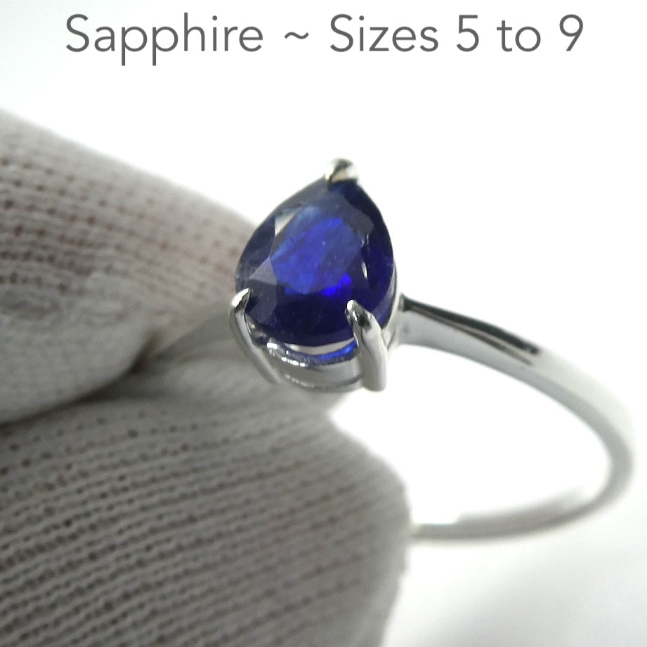 Sapphire Ring, Dainty Faceted Teardrop, 925 Sterling Silver