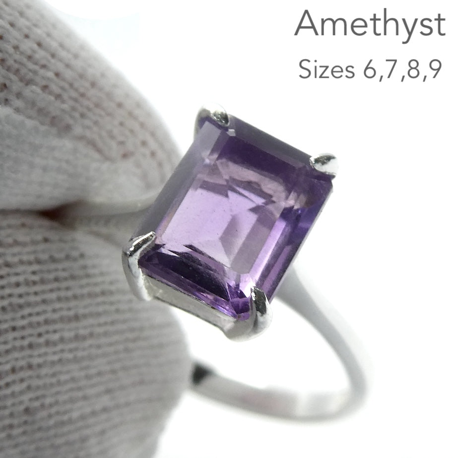 Amethyst Ring | Faceted emerald Cut | 925 Sterling Silver | US Size 6, 7, 8, 9 |  Genuine Gems from Crystal Heart Melbourne Australia since 1986