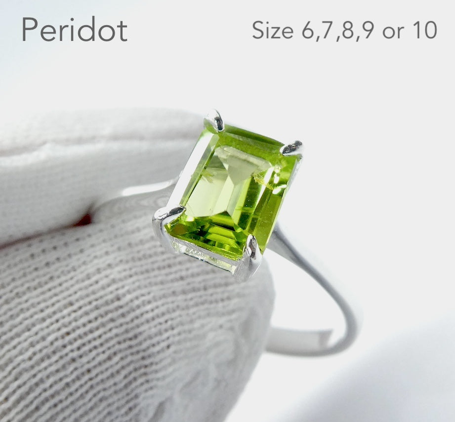 Peridot Ring | Sparkling Faceted Obloing | Bright 925 Sterling Silver | Claw Set | Open Backs | US Size 6,7, 8,9, 10 | Genuine Gems from Crystal Heart Melbourne Australia since 1986