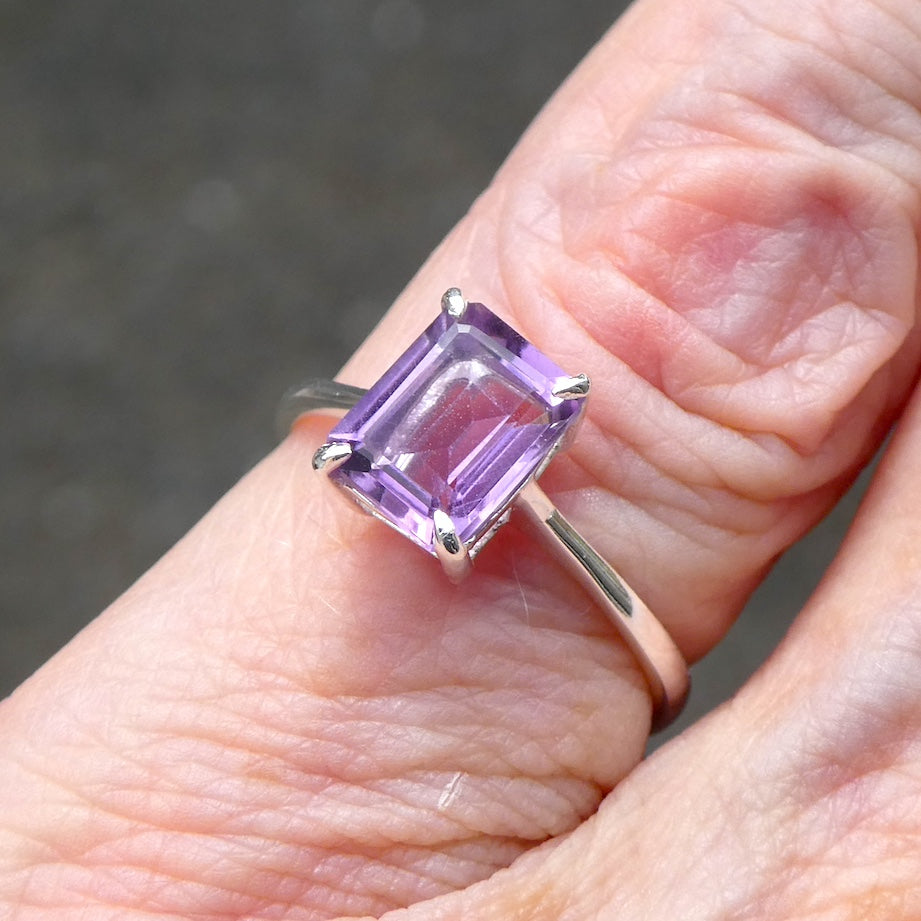 Amethyst Ring | Faceted emerald Cut | 925 Sterling Silver | US Size 6, 7, 8, 9 |  Genuine Gems from Crystal Heart Melbourne Australia since 1986