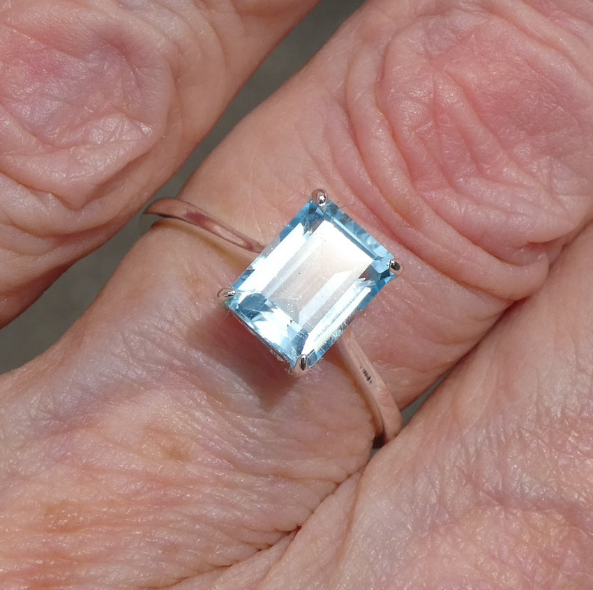 Blue Topaz Ring |  Faceted Emerald Cut | Bright 925 Sterling Silver | Open Backs | US Size 6, 7, 8, 9, 10 | Genuine Gems from Crystal Heart Melbourne Australia since 1986