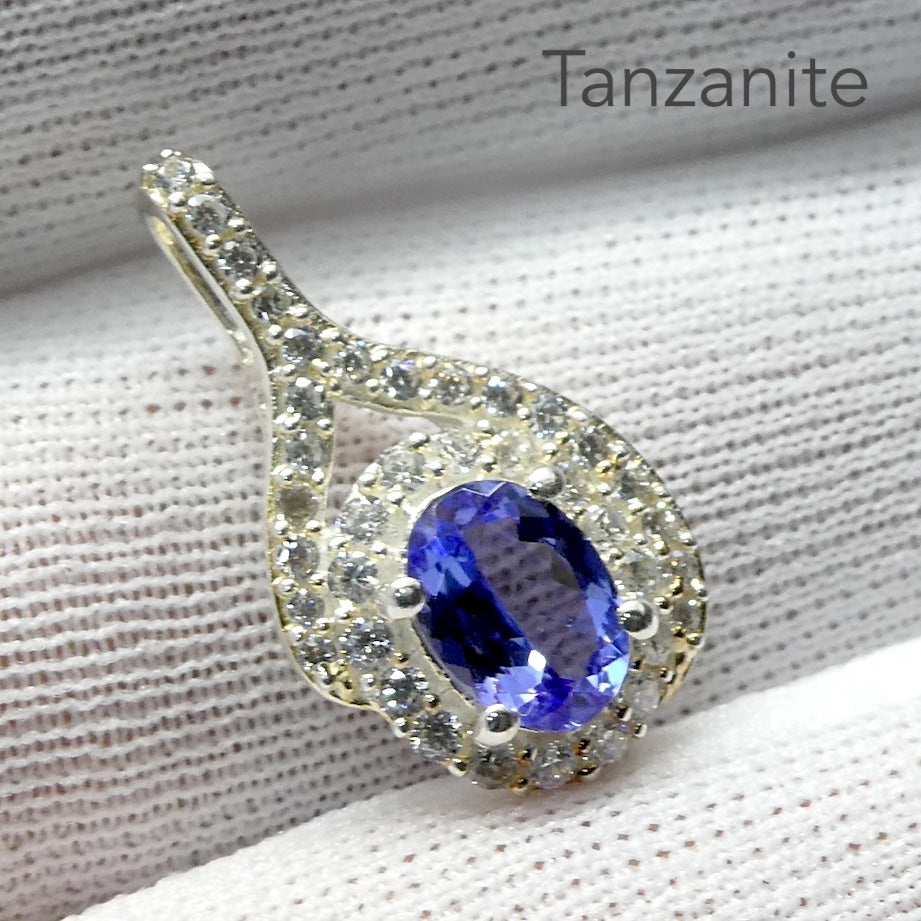 Tanzanite Gemstone Pendant  | Faceted Oval | AAA Grade | Natural Stone |
Art Deco Design | surrounded by diamond like CZ | 925 Sterling Silver | Rich violet Blue | Achieve your spiritual potential  | Genuine Gems from Crystal Heart Melbourne since 1986