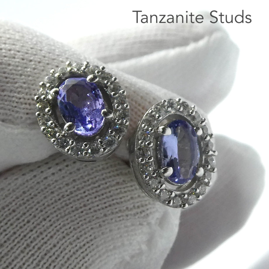 Tanzanite Gemstone Stud Earrings | Faceted Oval AAA Grade | Natural Stone  | Art Deco Design studded with Diamond Like CZs | Achieve your spiritual potential  | Genuine Gems from Crystal Heart Melbourne since 1986